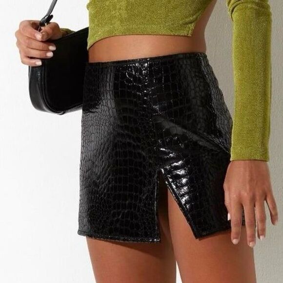 Motel Rocks Pelma faux croc leather thigh slit mini skirt - Picture 1 of 6